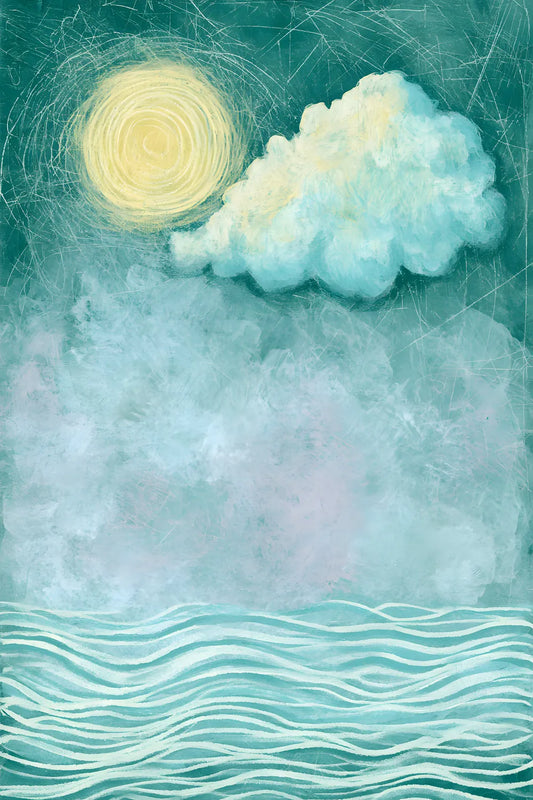 Deep Sea Whimsy — whimsical_poster_sun_cloud_soft_waves_deep_green_background_c_568eea16-39a9-4d36-a555-1669377d23d9_0_risultato_risultato
