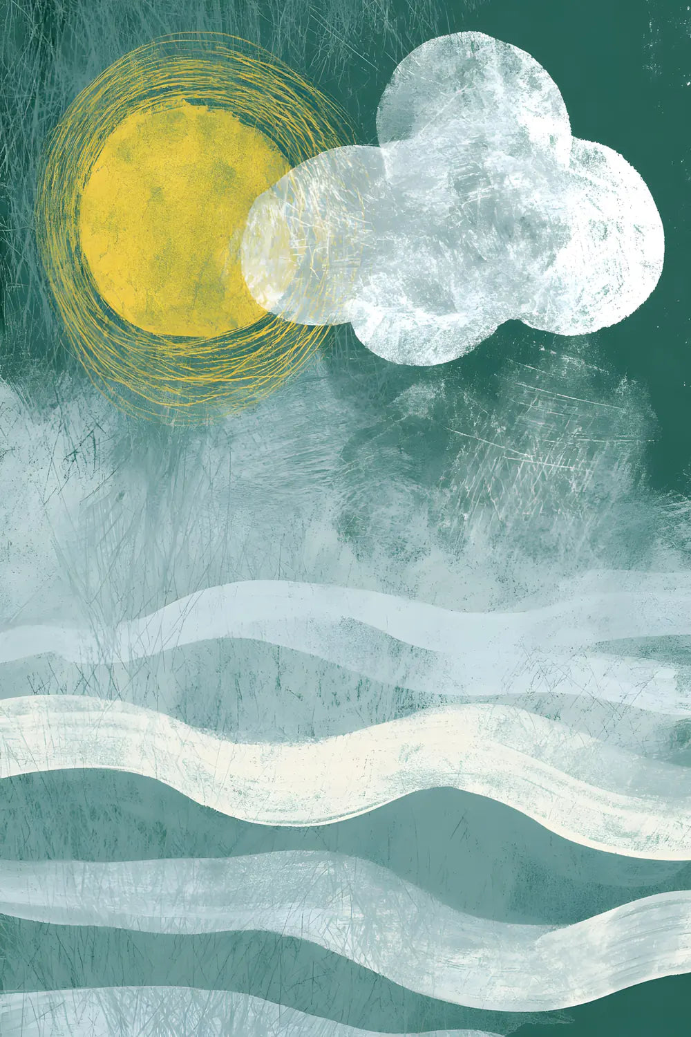 Deep Sea Whimsy — whimsical_poster_sun_cloud_soft_waves_deep_green_background_c_568eea16-39a9-4d36-a555-1669377d23d9_1_risultato_risultato