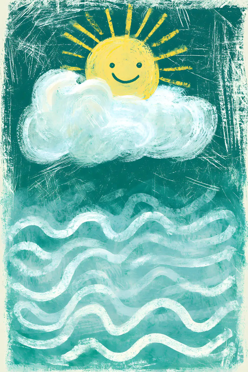 Deep Sea Whimsy — whimsical_poster_sun_cloud_soft_waves_deep_green_background_c_568eea16-39a9-4d36-a555-1669377d23d9_2_risultato_risultato